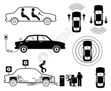 给小车充电插图描绘了使用传感器检测周围环境的自动电汽车电动车使用插座给电池充电工程师正在制造和研究插画