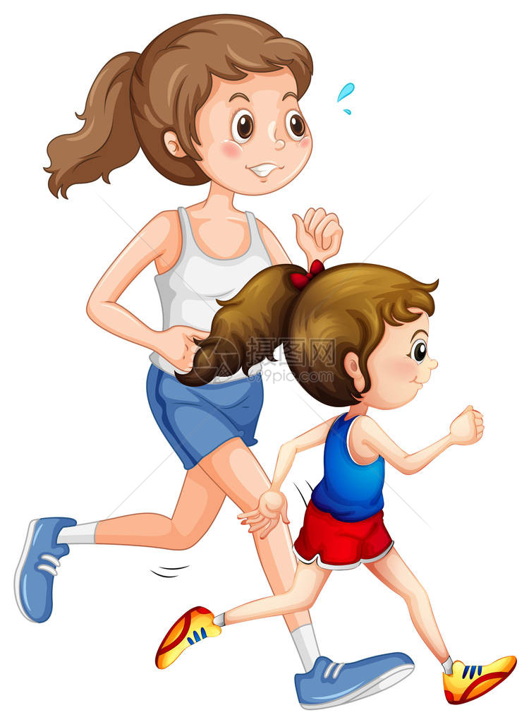 母女奔跑插画图片