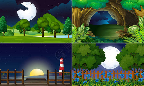 在夜间插图的四个场景图片