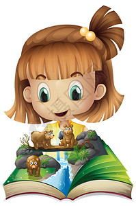 女孩在丛林插图中阅读灰熊的书图片