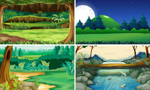 四个自然场景白天和黑夜插图图片