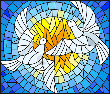 在白天空背景上用一对白鸽子的彩色玻璃风格图片