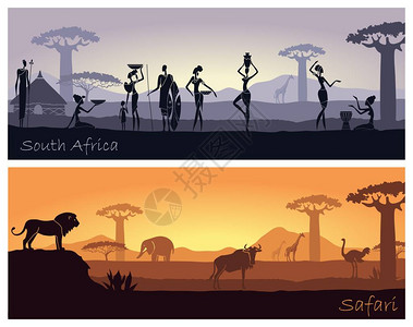 非洲景观及土著人民和野生动物的光影环形图地背景图片