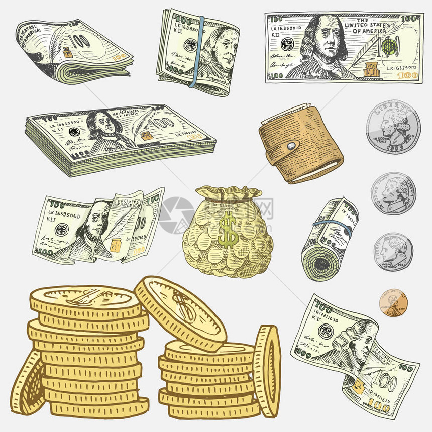 详细的货币纸或美国富兰克林格100美元或现金和硬币刻手绘旧素描风格图片