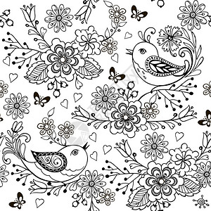 手画花朵和鸟儿用于抗应力彩色页面与鸟图片