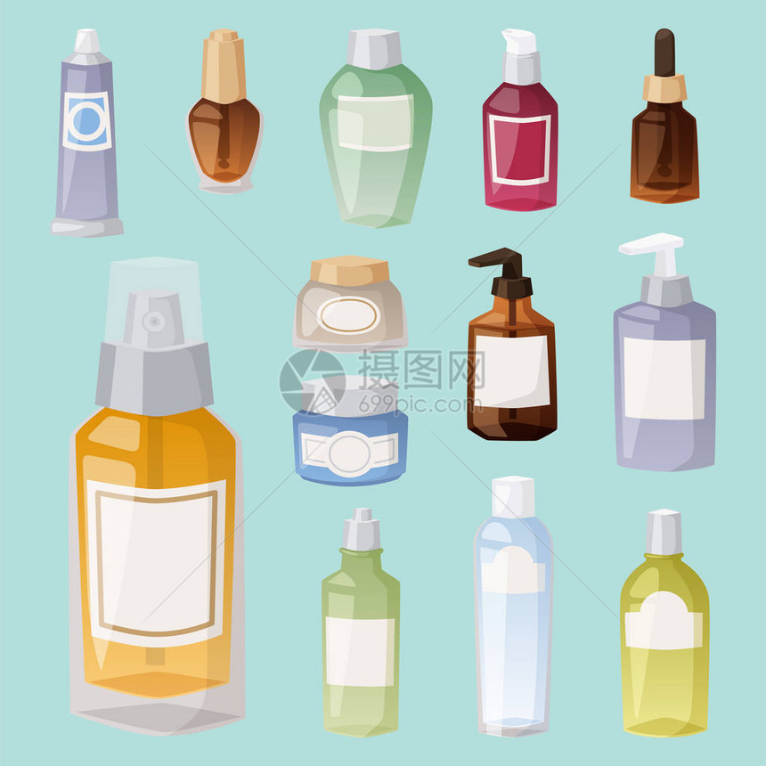 一组化妆品美容化妆美容用品和奶油容器塑料洗涤剂液体家用液体瓶乳图片