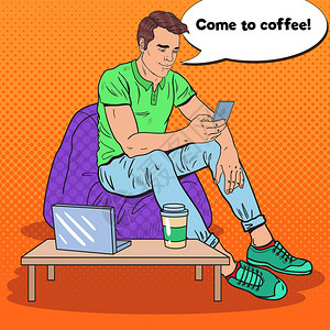 流行艺术青年男子饮水咖啡和智能手机短信图片