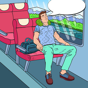 流行艺术业疲倦的年轻人在火车上睡觉和听音乐图片