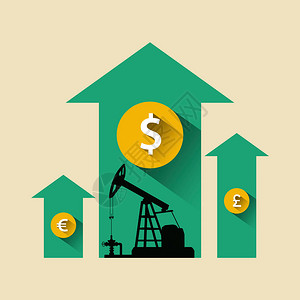 石油工业概念石油价格上涨箭头与石油泵和美元英镑欧元硬币金融图片