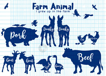 光谱化的带文字的农畜Retro风格化的农场动物硅片集插画