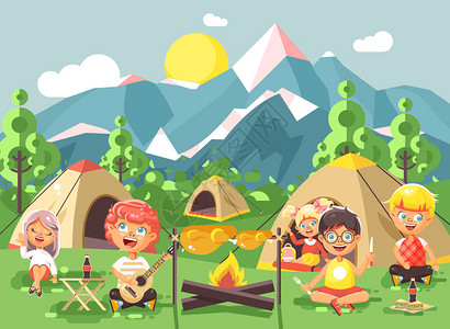 股票矢量插图卡通人物儿童男孩和女童子军一起弹吉他唱歌在大自然中露营徒步帐篷和背包冒险公园户外背背景图片