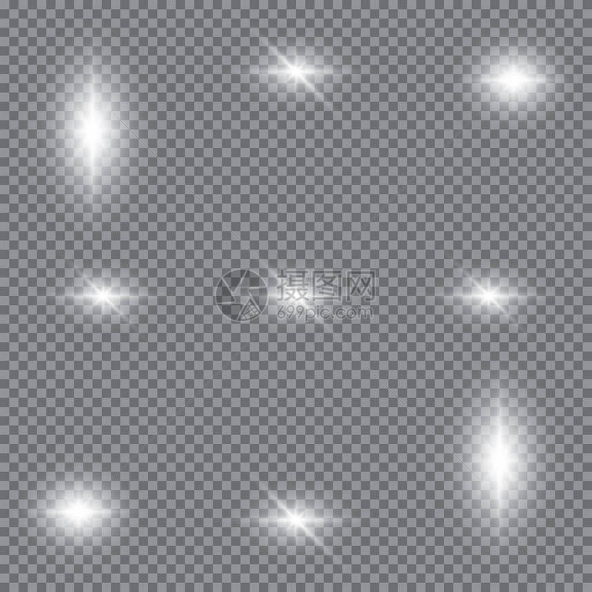 在格子矢量背景上隔离的透明光效应系列发光效果带bokeh收藏的镜头耀斑射线图片