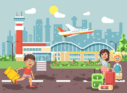 股票矢量插图卡通人物迟到的男孩跑到站在机场的小女孩图片