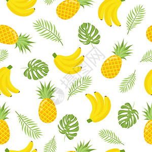 包括黄色香蕉菠萝西瓜和棕榈叶图片