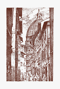 上海佛罗伦萨小镇在欧洲小镇佛罗伦萨在意大利的景观雕刻手绘旧素描和复古风格历史建筑与建筑物插画