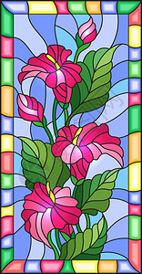 以彩色玻璃风格用鲜花蕾和叶子在明亮的框中展示图片