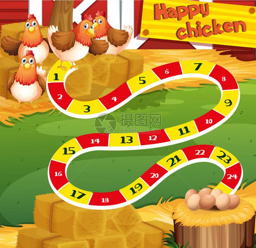 农场插图中带鸡的棋盘游戏模板图片
