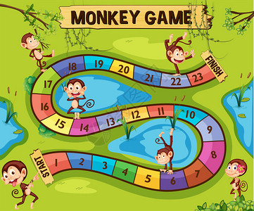 丛林插图中猴子的棋盘游戏模板图片