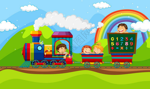 儿童乘坐火车插画图片