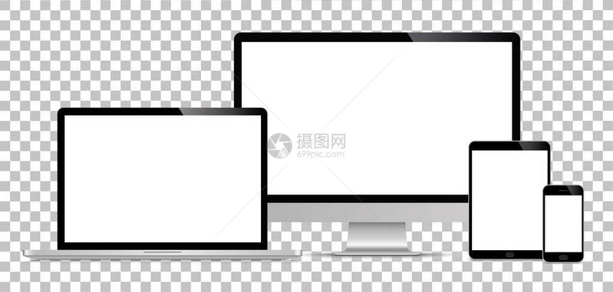 一组逼真的显示器笔记本电脑平板电脑智能手机图片