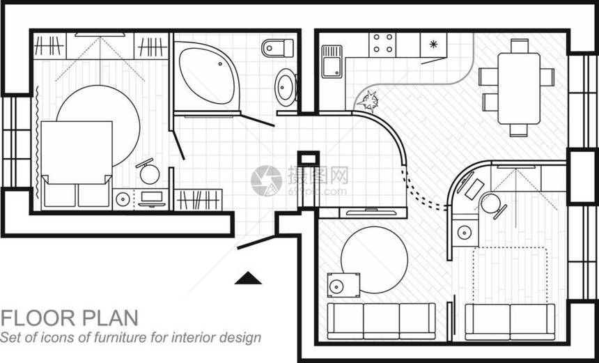 房子的建筑计划公寓顶视图的布局与图纸视图中的家具带浴室客厅和卧室图片