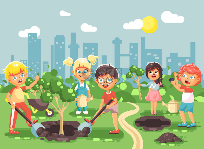 股票矢量插图卡通人物儿童男孩和女孩在花园树苗中种植图片