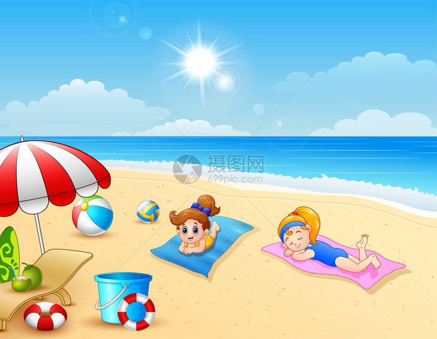 矢量插图两个女孩在海滩垫图片