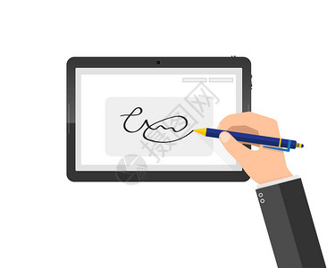 商人的手和平板电脑上的数字签名矢量图现代手写数字签名在平面图片