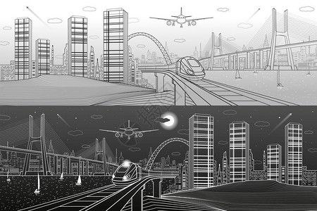基础设施和交通全景火车在铁路上行驶飞机大斜拉桥现代夜城塔楼和摩天大楼深色和浅色背景上的线条插画