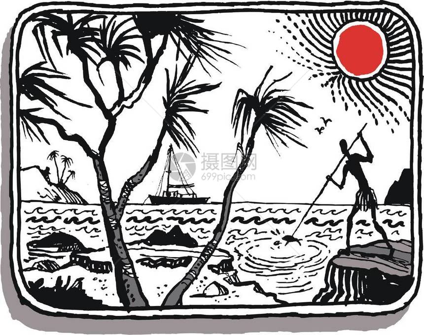 这幅单色绘画中有一头南太平洋土著鱼从棕榈边缘环礁湖边的岩石上钓出长矛来它们代表着太图片