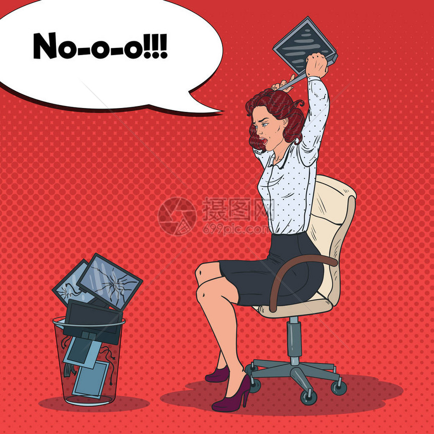 PopArtAngeryBusinessWomen扔笔记本电脑到垃圾桶工作压图片
