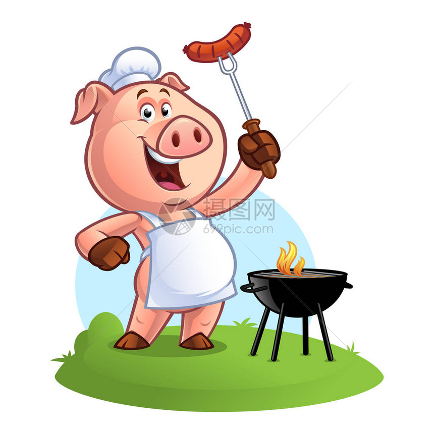 猪厨师在叉子上拿着香肠图片
