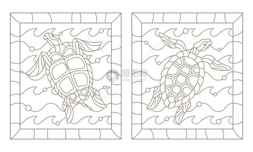 以彩色玻璃和海龟进入海浪为风格的一组轮廓插图图片