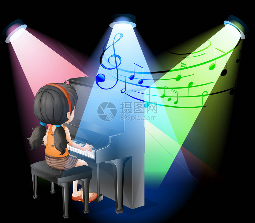 在舞台插图上弹钢琴的女孩图片