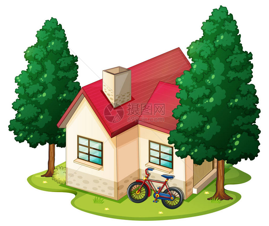 草坪插图上的独栋房屋场景图片