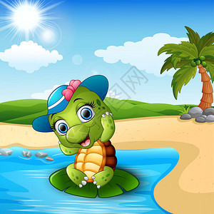 鳖海滩上可爱的小乌龟的矢量插图插画