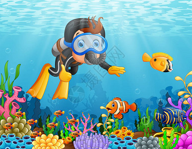 卡通男孩在海中潜水的矢量插图背景图片