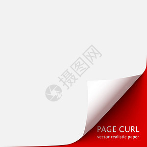 白皮书的卷曲的角落与红色背景上的阴影具有卷曲角和文本空白间的背景图片