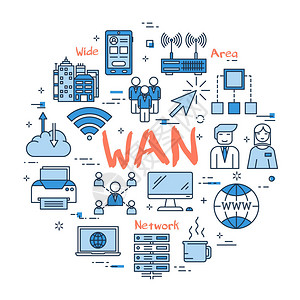 矢量WAN字与白色背景上的蓝色线图标圆形网页横幅广域网互联网连接和计算插画