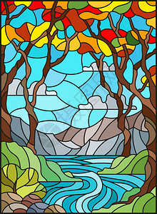 在阳光的天空山脉树木和田地背景中与岩石溪一起使用彩色玻璃风格的说图片