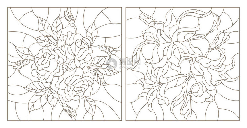 设置有花苍白和玫瑰的染色玻图片