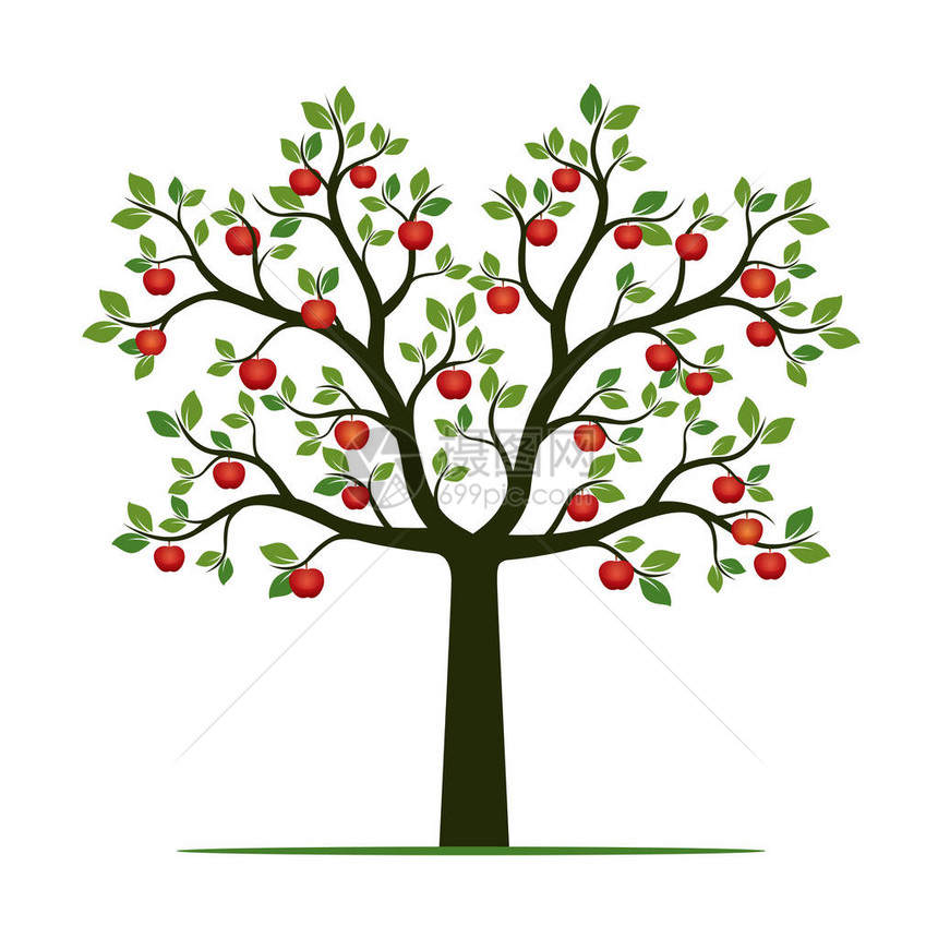 绿树与叶子和红苹果矢量图图片