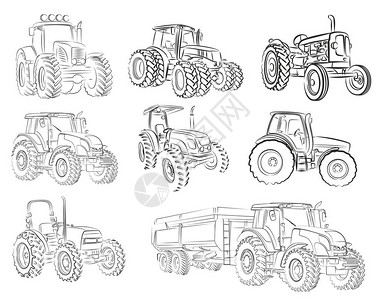 不同型号农用拖拉机的草图背景图片