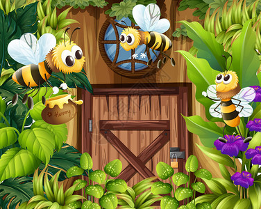 蜜蜂在花园里飞来去的插图图片
