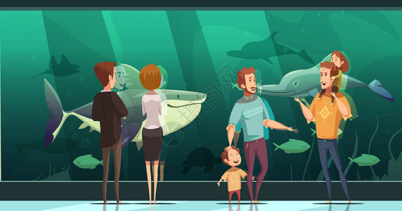 与成人和儿童一起参与水族馆设计的人在看漂浮鱼时看到的是图片