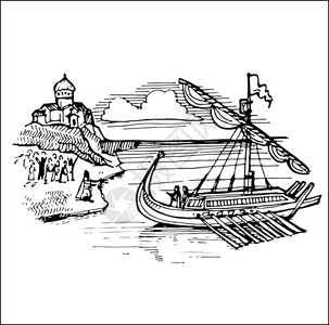 手绘插图帆船的黑白素描矢量图背景图片