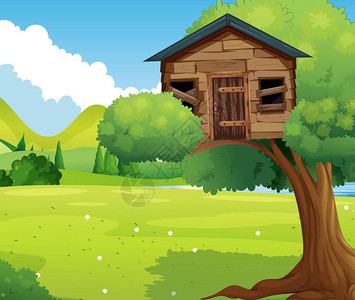 公园插图中的木制树屋图片