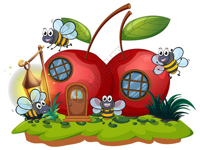 樱桃屋和许多蜜蜂飞翔的插图图片