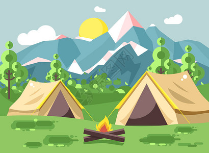 股票矢量插图卡通自然公园景观与两个帐篷露营远足篝火明火灌木草坪树木白天阳光明媚的日子户外背景的背景图片
