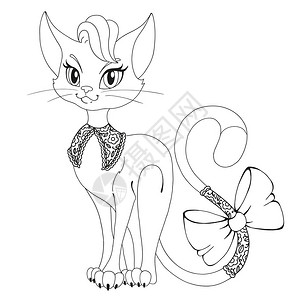 蕾丝颈链项圈着色书页一只漂亮的猫带弓的猫轮廓图孤立在白色背插画